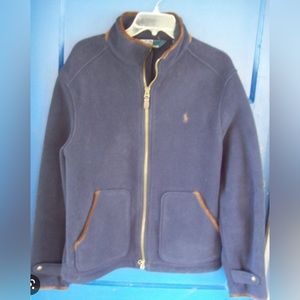 Mens Ralph Lauren polo navy blue fleece jacket with brown suede trim.